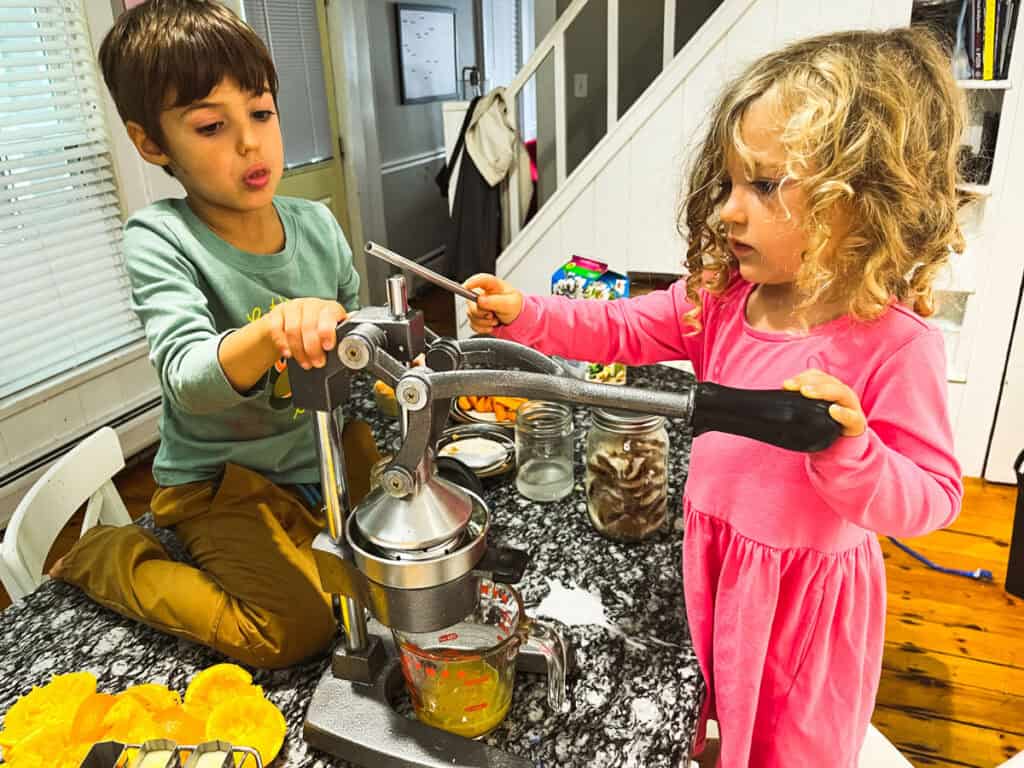toddlers working as a team to squeeze oranges to make juice