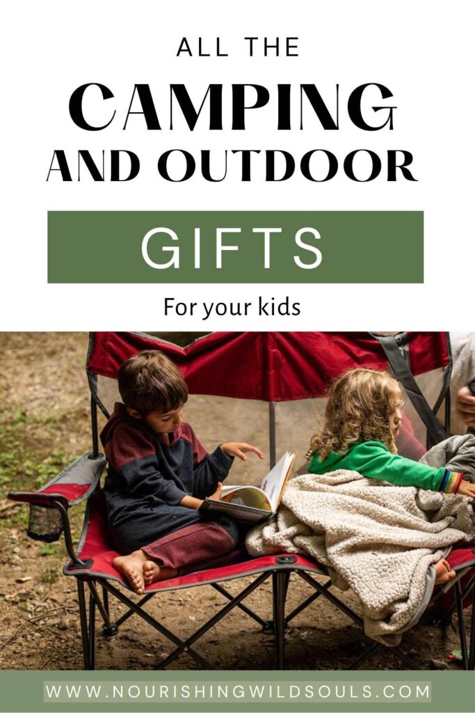 camping gifts for kids list with picture of two kids snuggling in a camp chair