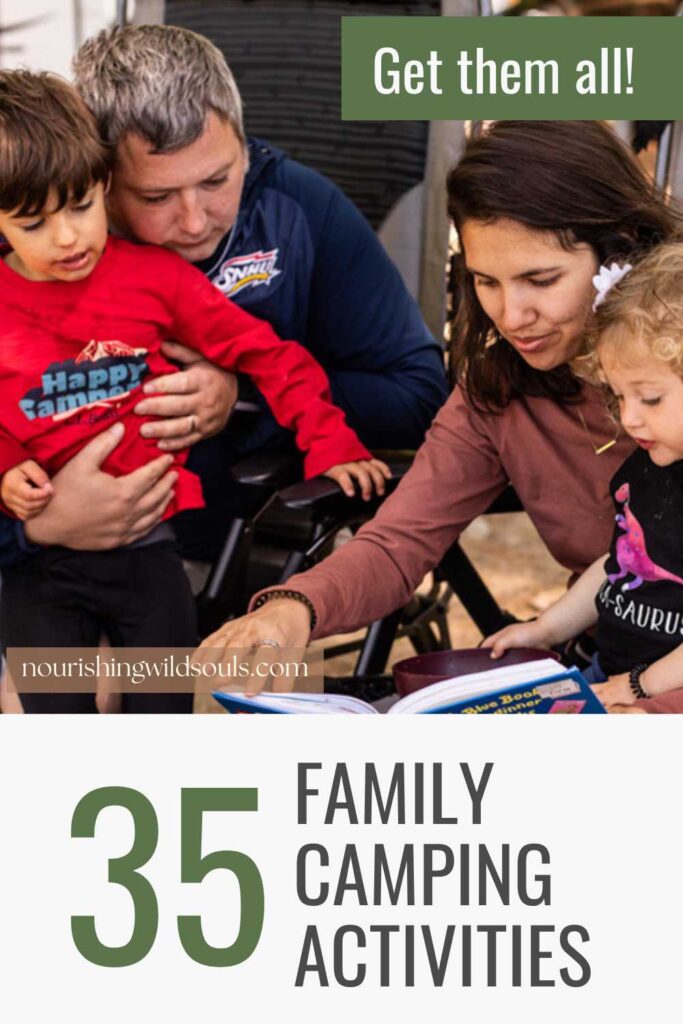 35 family camping activities with picture of family reading together while on a family camping trip