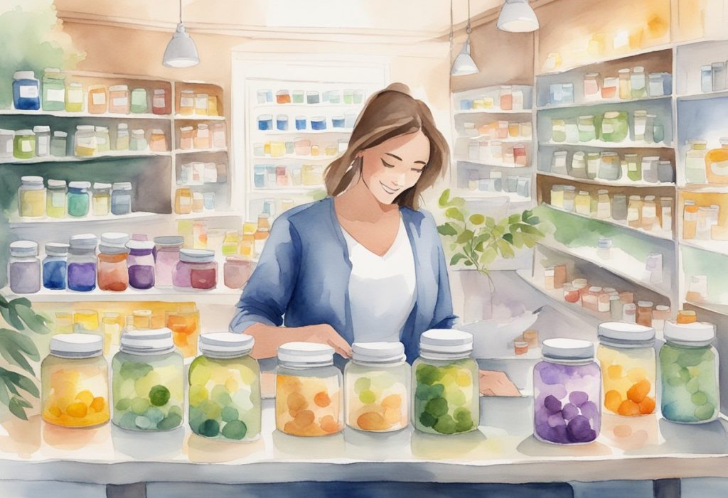 shelf of perfect supplements products with glowing customer