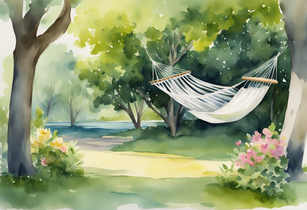 A serene landscape with a hammock strung between two trees, surrounded by lush greenery and a gentle breeze. A book and a glass of lemonade sit nearby, inviting relaxation